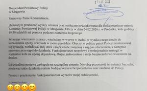 Zdjęcie przedstawia list z podziękowaniami dla policjantów.