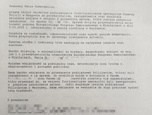 Zdjęcie przedstawia tekst z podziękowaniami dla funkcjonariuszy Policji.