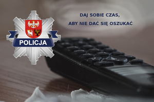 Zdjęcie przedstawia telefon komórkowy oraz logo Komendy Wojewódzkiej Policji w Olsztynie.