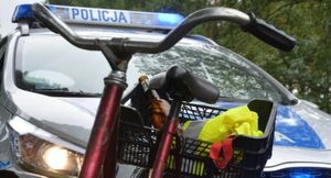 Zdjęcie przedstawia rower na tle radiowozu.