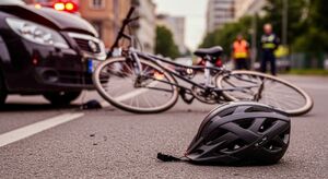 Zdjęcie przedstawia kolizję roweru z autem osobowym. Na jezdni leży przewrócony rower oraz kask ochronny koloru czarnego.
