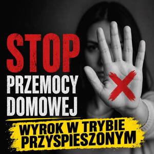 Zdjęcie przedstawia kobietę z wystawioną przed siebie otwartą dłonią. Widoczny jest napis "Stop przemocy domowej" oraz " Wyrok w trybie przyspieszonym".