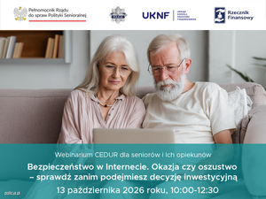 Zdjęcie przedstawia plakat informacyjny o webinarium. Na plakacie widoczni są kobieta i mężczyzna, którzy siedzą przed laptopem.