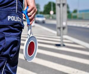 Zdjęcie przedstawia policjantkę stojącą przy jezdni. Widoczna jest tylko jej dłoń trzymająca tarczę do zatrzymywania pojazdów. W tle widać jadący samochód.